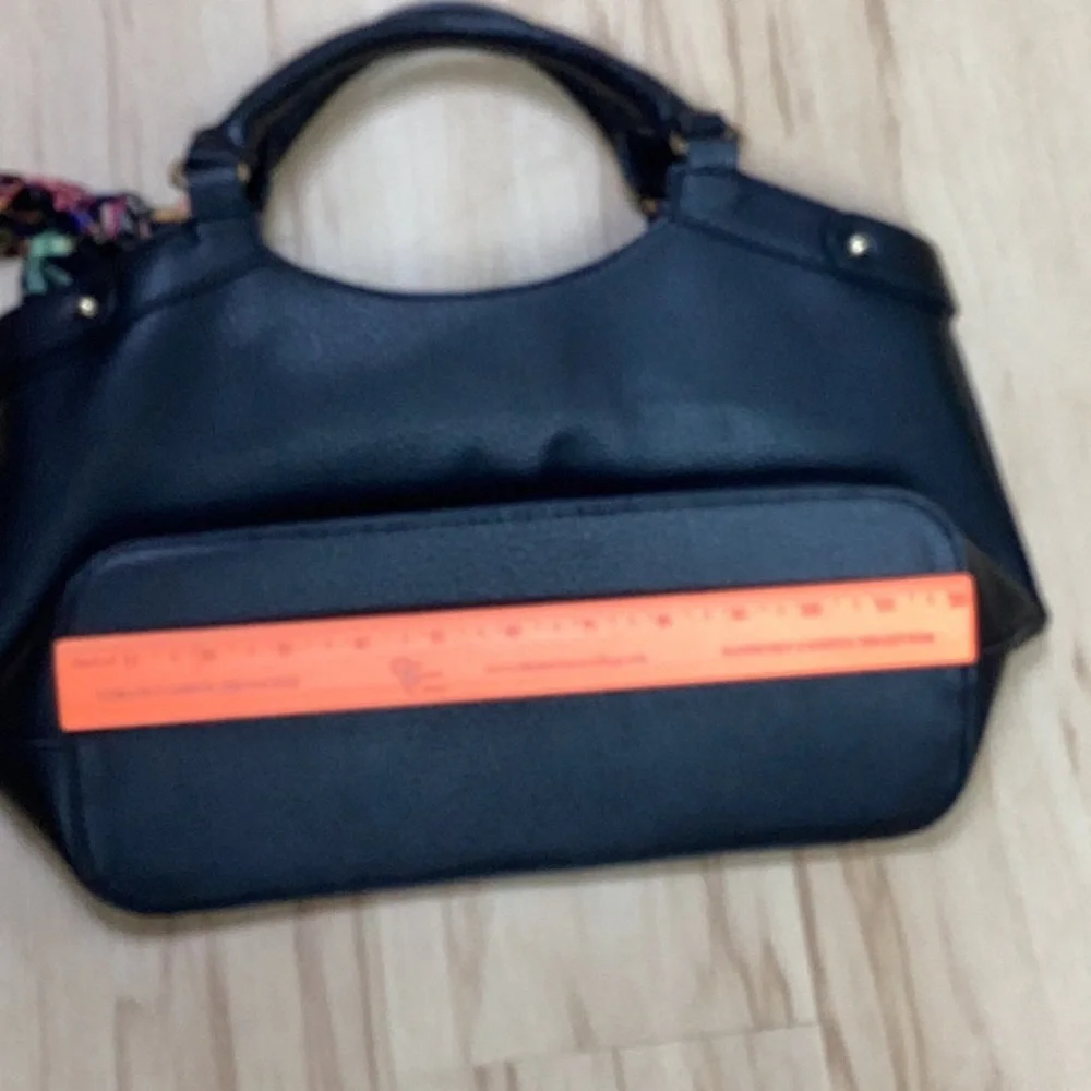 Anne Klein Elegant Pebbled Black Vegan Leather‎ Handbag With Floral Accent Scarf